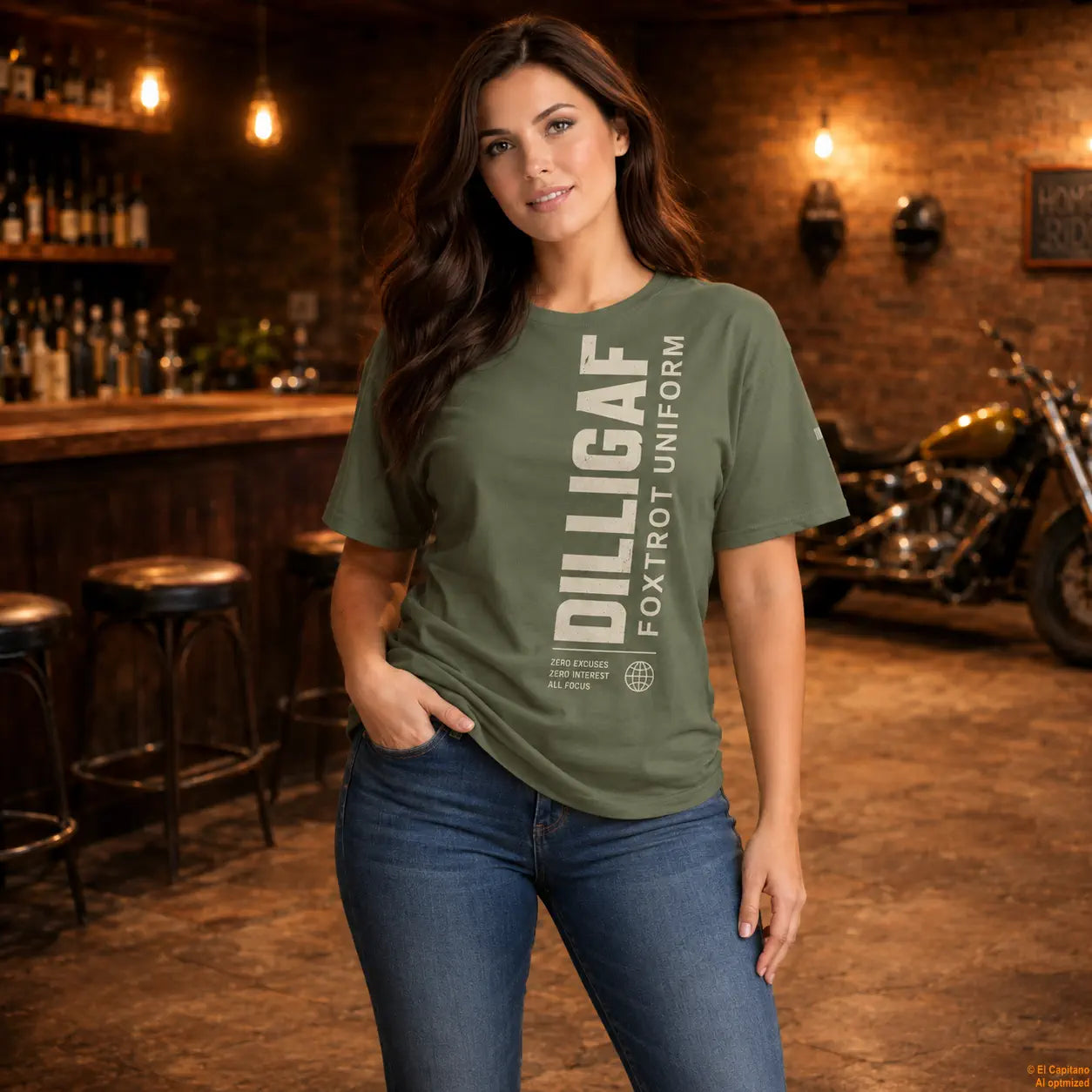 DILLI FU Tee – Señoras – Military Green – military-green_dilligaffu_front_frau – El Capitano